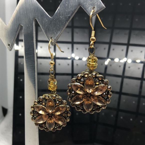 Upcycled artisan dazzling flower earrings formal dressy dangle drop statement. - Picture 5 of 5